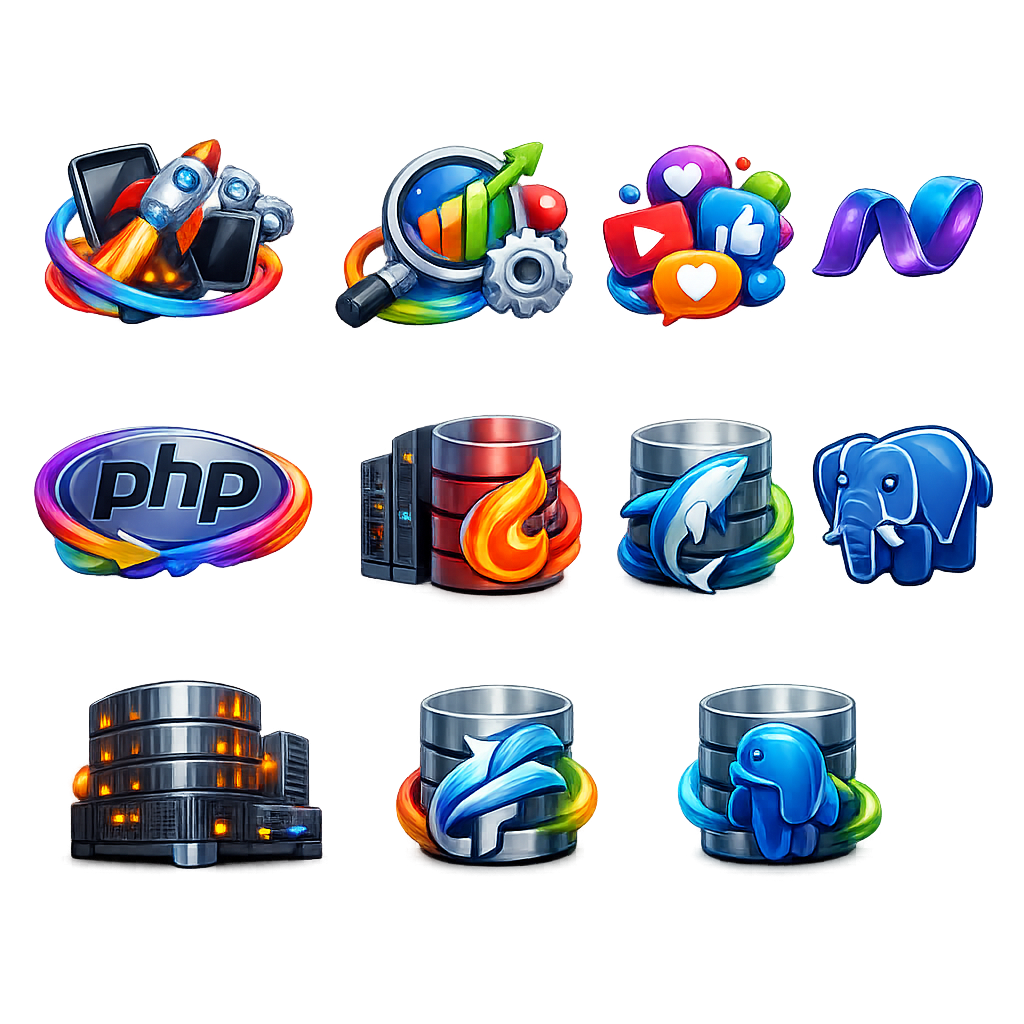 Colorful database, content management and ICT services illustration